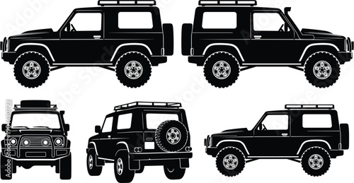 Collection of Black Vector Silhouettes Featuring a Compact Off-Road 4x4 SUV from Multiple Angles Including Side Front and Rear Views Isolated on White Background