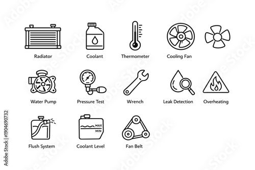 Car maintenance icon set featuring radiator and cooling components