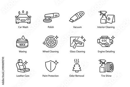 Car care icons: cleaning, detailing, waxing, and protection services