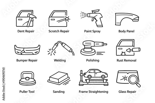 Auto body repair icon set featuring tools and techniques for dent and scratch maintenance