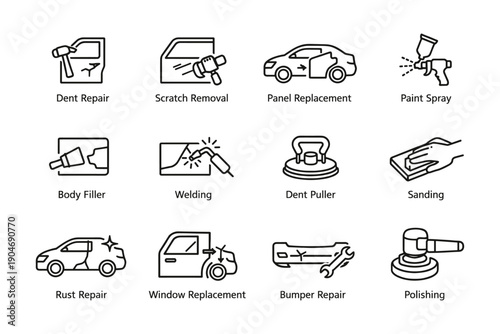 Auto body repair icons: dent repair, paint spray, welding, sanding, polishing