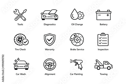 Automotive service icons: tools, diagnostics, oil change, battery, tire check, warranty