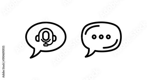 Speech bubble with microphone and headphones, and a speech bubble with ellipsis indicating ongoing conversation