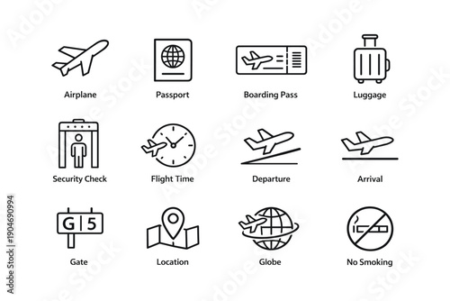 Travel icons: airplane, passport, boarding pass, luggage, security, flight, departure, arrival