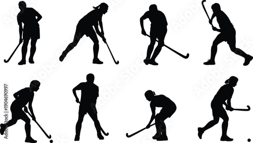 Field Hockey Athlete Silhouette Set Isolated on White Background, Male and Female Players with Stick and Ball Action Poses