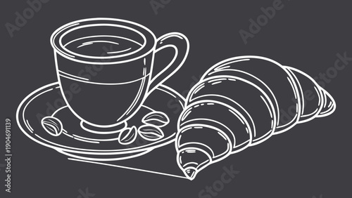 Chalkboard style line drawing of a cup of hot coffee on a saucer with a fresh croissant.