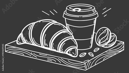 Chalkboard style illustration of a fresh croissant and a take-away coffee cup on a board.