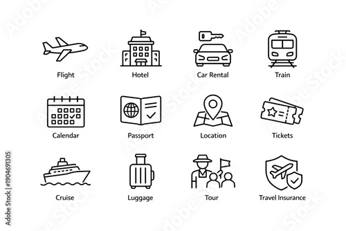 Essential travel icons: flight, hotel, car rental, train, calendar, passport, location, tickets, cruise, luggage, tour, travel insurance