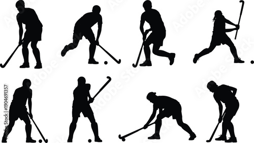 Field Hockey Player Silhouette Collection Set Isolated on White Background, Male and Female Athletes with Stick and Ball