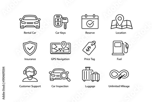 Car rental services icons: rental, reservation, navigation, support, luggage