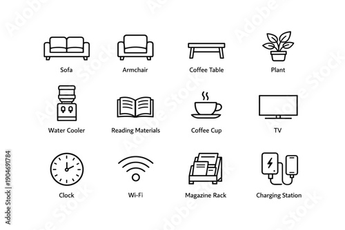 Office waiting area icons: sofa, armchair, coffee table, plant, clock, wi-fi, tv, charging station