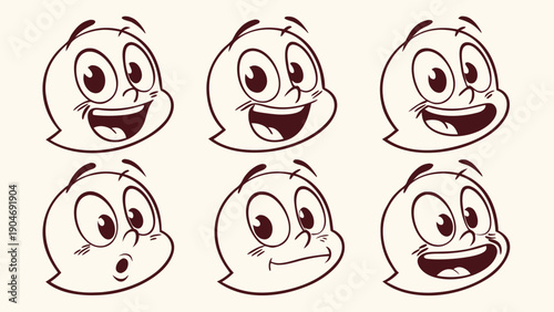 Set of six cartoon ghost character heads showing various happy and surprised facial expressions.
