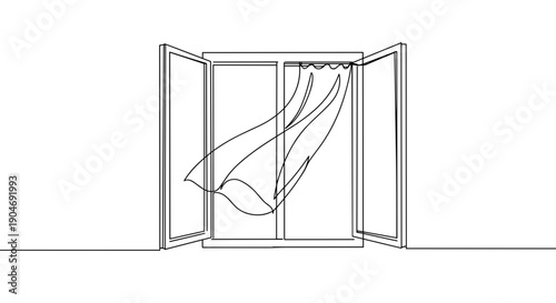 Line drawing of open window with flowing curtains, creating a serene atmosphere, isolated on transparent background