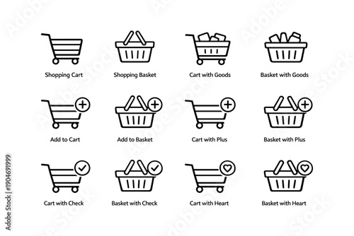 Shopping cart and basket icons with goods, checks, pluses, and hearts