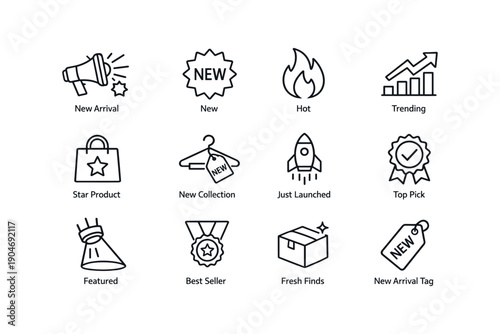 Icon set featuring new arrival, trending, and best seller symbols with tags and awards