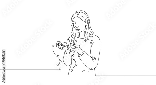 Line drawing of a woman holding a cat indoors on a plain white background while sitting and enjoying a quiet moment with her pet.