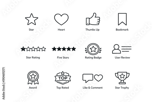 Icon set featuring star, heart, thumbs up, bookmark, and trophy designs