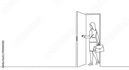 Line drawing of a businesswoman entering a room with a bag in hand, on a transparent background
