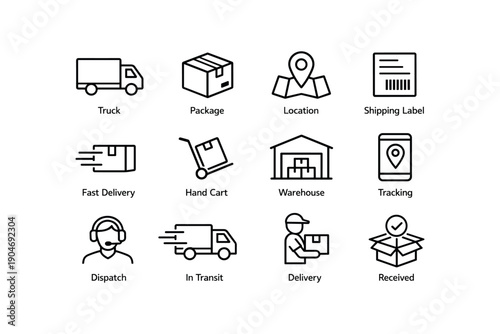 Icon set for logistics and delivery: truck, package, location, shipping, warehouse