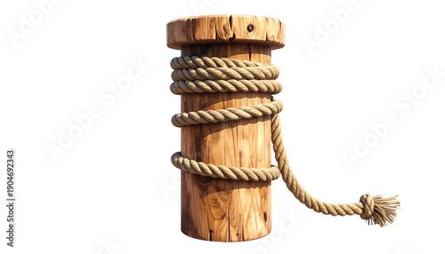 Wooden post with rope wrapped around, knotted end