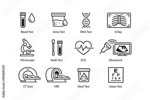 Medical test icons set including blood, urine, dna, x-ray, and more