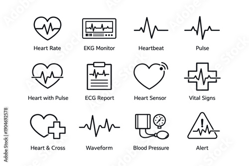 Heart rate and health monitoring icons: pulse, ekg, ecg, vital signs