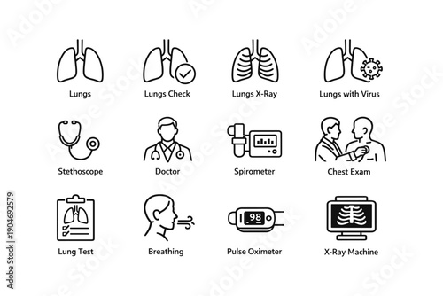 Lung health icons: lungs, x-ray, virus, stethoscope, spirometer