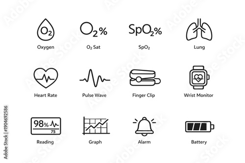 Medical icons: oxygen levels, heart rate, pulse, battery, alarm