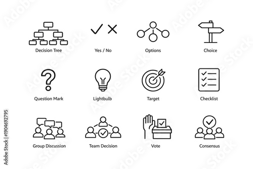 Business decision icons: tree, yes/no, options, choice, target, vote