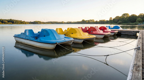 Colorful pedal boats docked on calm lake during sunset  