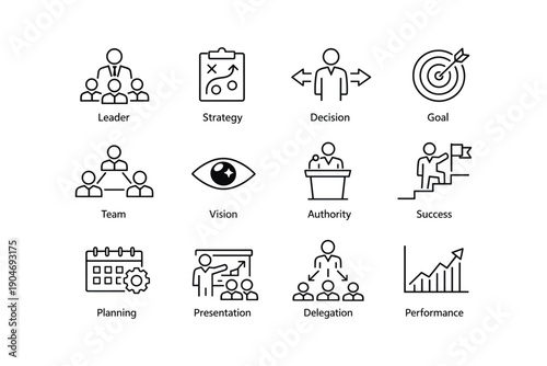 Icons representing leadership and business strategy elements