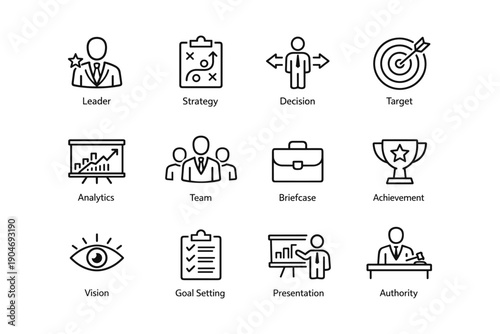 Business and leadership icons: strategy, decision, target, analytics, teamwork, achievement
