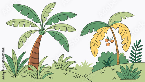 Hand drawn illustration of two palm trees with green and yellow leaves on a grassy hill.