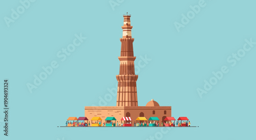 Iconic Qutub Minar Landmark Structure in Delhi, India, Surrounded by Colorful Stalls Under a Clear Blue Sky, Flat Design