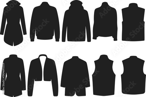 Set of jacket and coat silhouettes isolated on white background, winter outerwear collection including hooded jackets and vests for fashion design