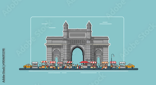 Flat Illustration of the Iconic Gateway of India Monument with Street Vendors and Vehicles Under a Clear Sky in a Cityscape Setting