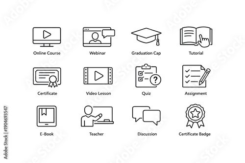 Online education icons set: course, webinar, certificate, and more
