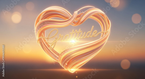 Glowing heart with 'gratitude' text at sunset symbolizing love and appreciation with warm light