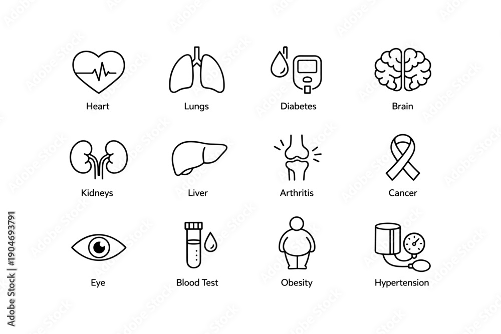 Fototapeta premium Medical icons: heart, lungs, diabetes, brain, kidneys, liver, arthritis, cancer, eye, blood test, obesity, hypertension