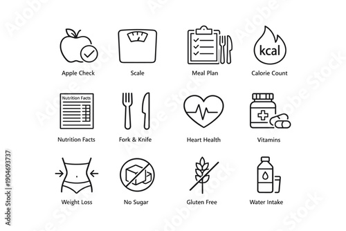 Nutrition and health icons: meal plan, vitamins, weight loss, gluten free, no sugar