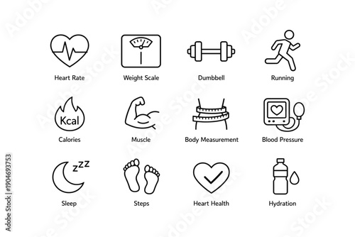 Fitness and health icons: heart rate, weight scale, dumbbell, running, hydration