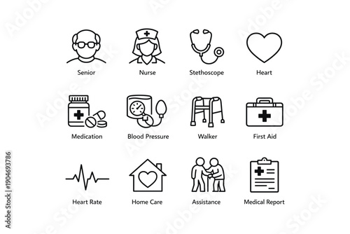 Healthcare icons: senior care, medical equipment, home care, first aid essentials