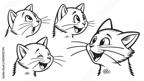 Cartoon cat character heads with various happy and curious facial expressions set on white