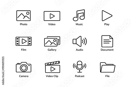Set of simple multimedia icons: music, video, photo, camera, audio, document, file