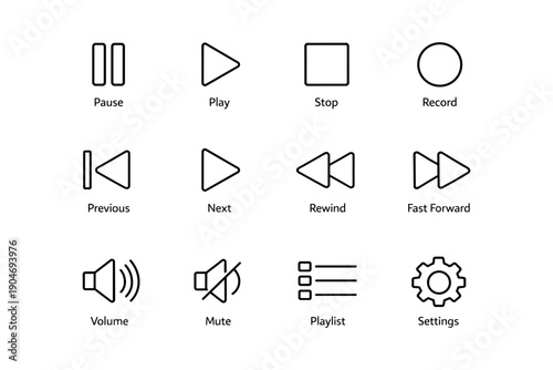 Media control icons: play, pause, stop, record, volume, settings