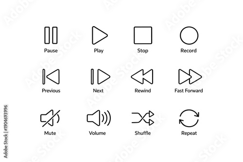 Set of 12 minimalist media control icons including play and pause