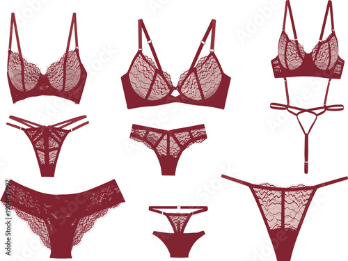 Set of red lace lingerie collection including bras and panties isolated on white background, elegant women underwear fashion illustration