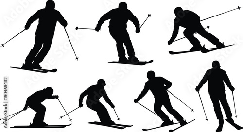 Set of skier silhouettes in dynamic alpine skiing poses isolated on white background, winter sport action collection for downhill racing design