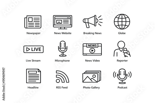 News media icons collection: newspaper, microphone, globe, podcast, reporter