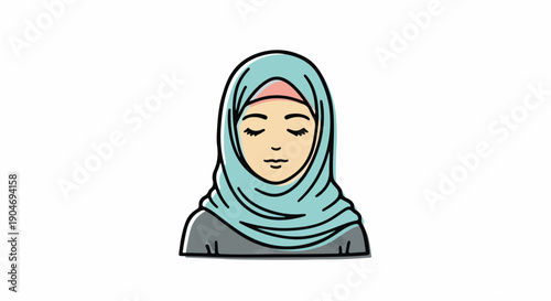 Minimalist vector illustration of a serene young Muslim woman wearing a light blue hijab, eyes closed, symbolizing peace, modesty, and contemplation.